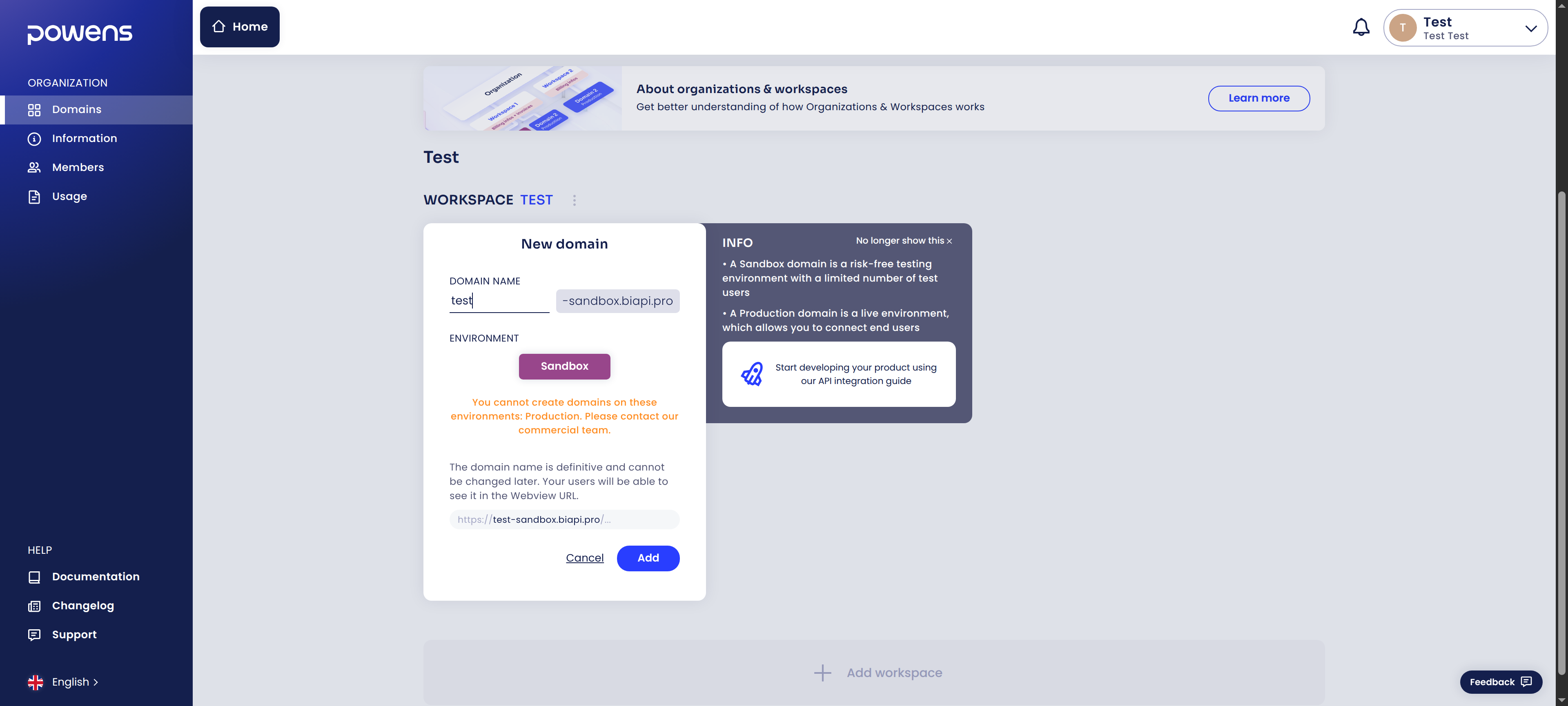 Powens create domain