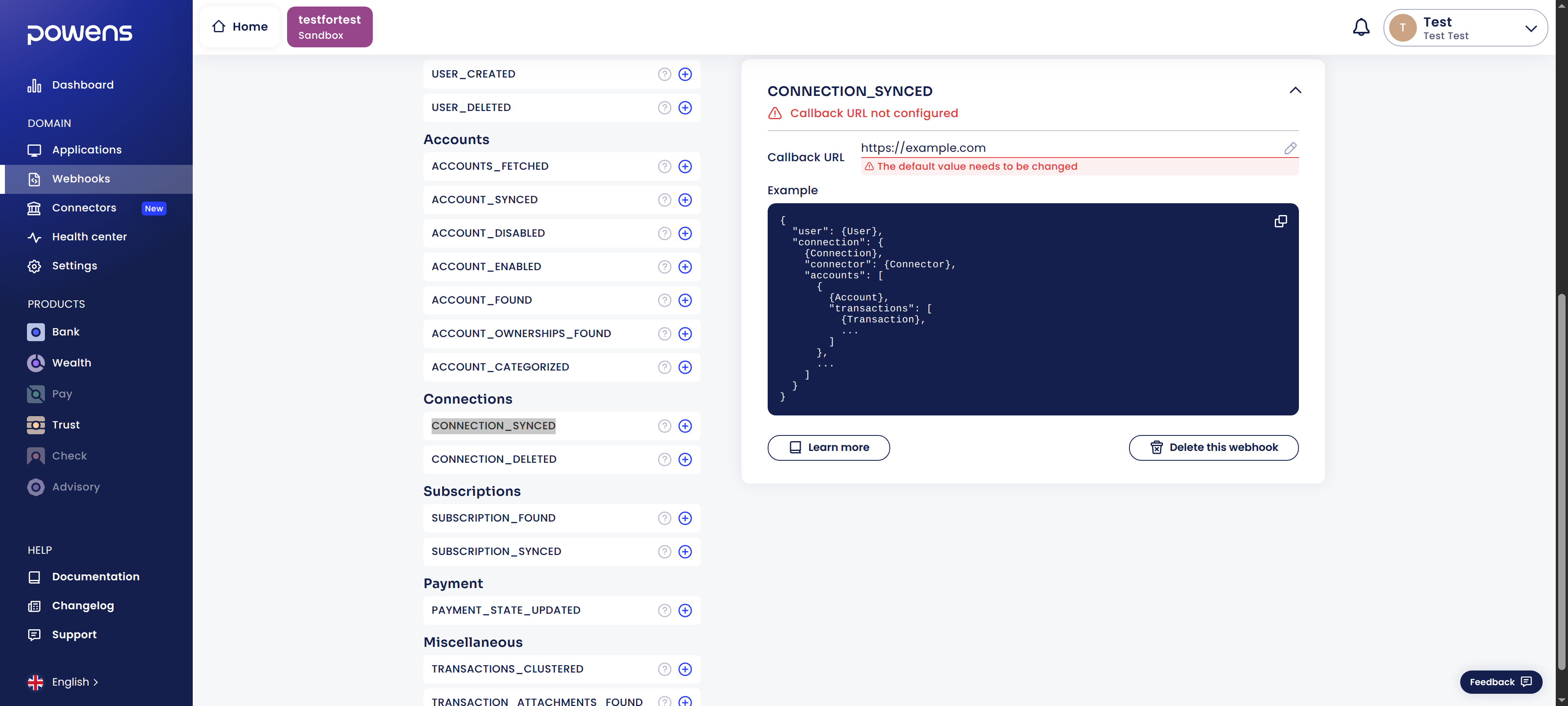 Powens create webhook