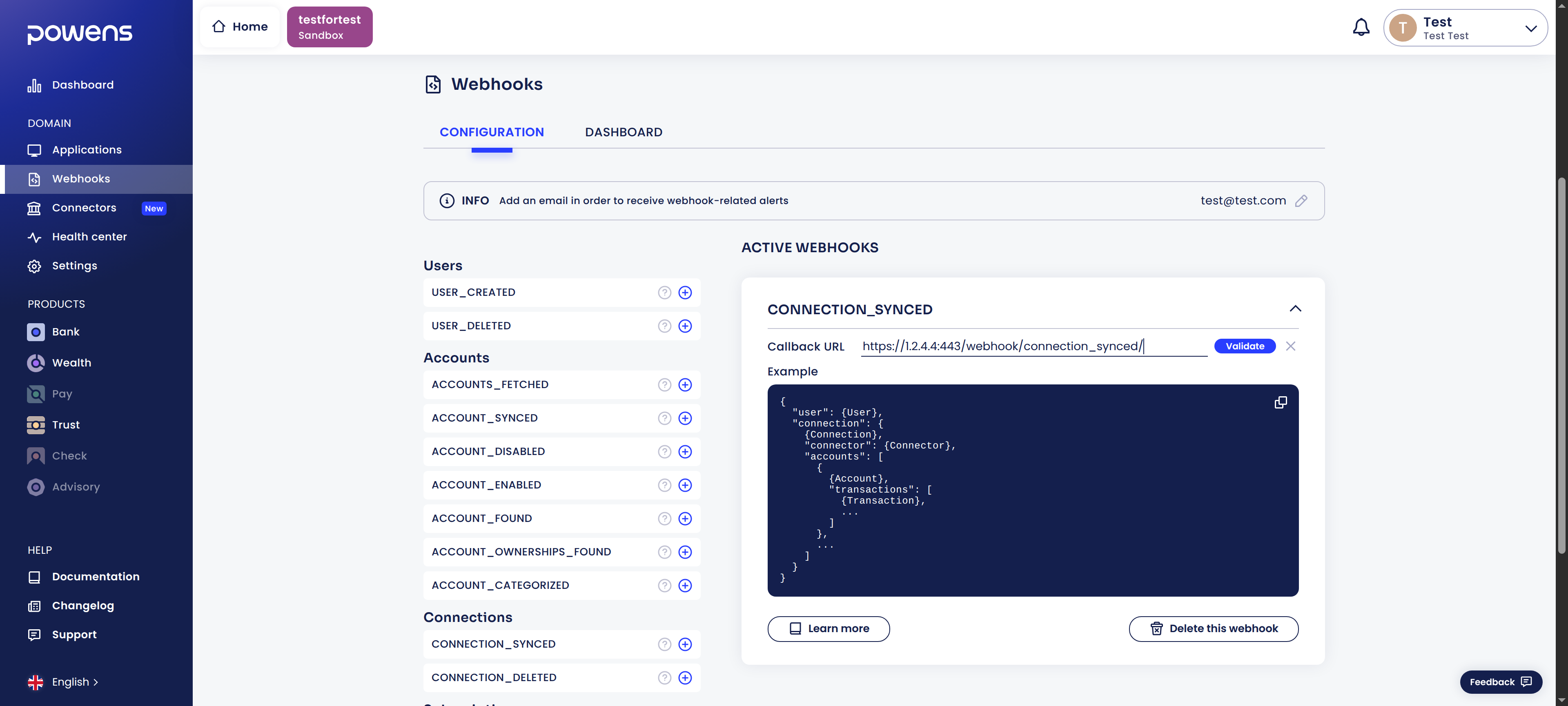 Powens created webhook